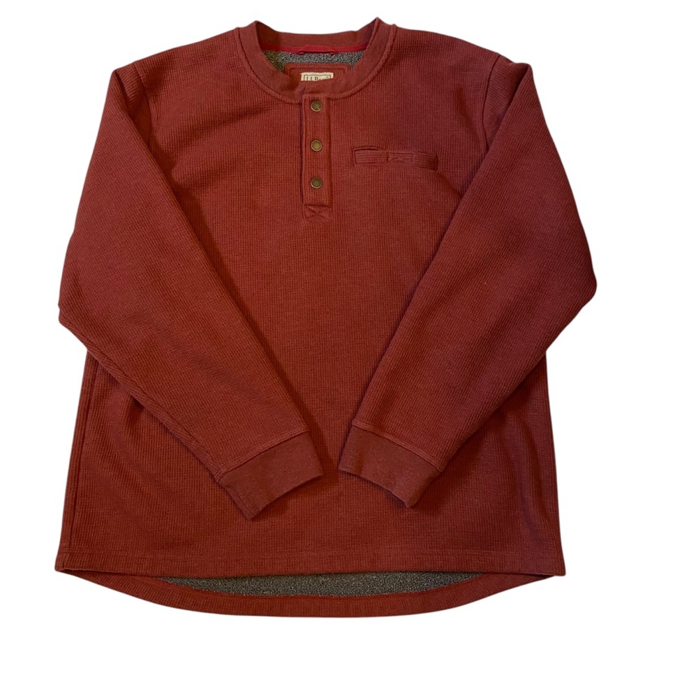 LL BEAN Mens Top Thermal Fleece Lined Long Sleeve Henley Burgundy XL Reg